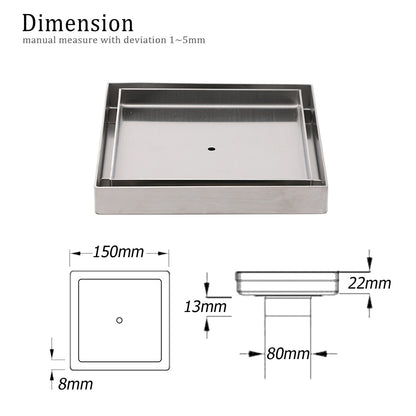 Square 150x150mm Tile Insert Floor Drain 80mm Waste Stainless Steel Shower Grate V1233-SQTI0150D80BS