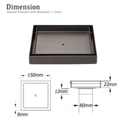Bathroom Gun Metal 150mm Tile Insert Floor Drain Shower Grate 80mm Waste Outlet V1233-SQTI0150D80GM