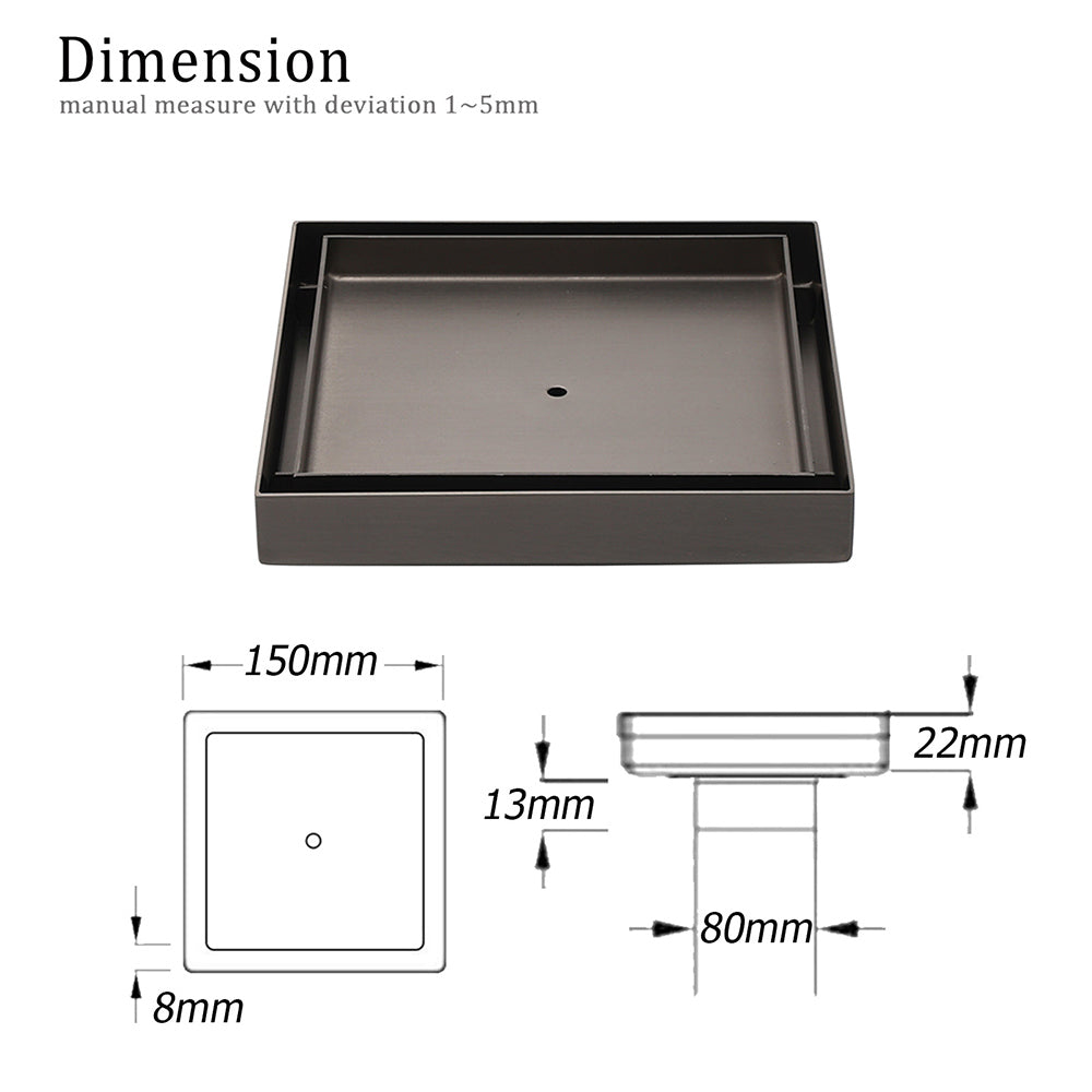 Bathroom Gun Metal 150mm Tile Insert Floor Drain Shower Grate 80mm Waste Outlet V1233-SQTI0150D80GM