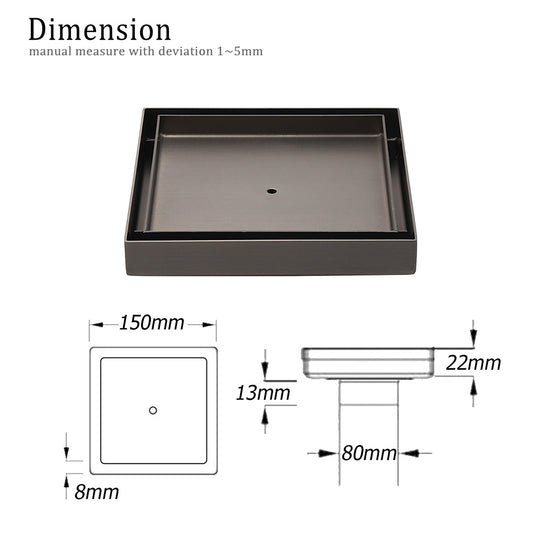 Bathroom Gun Metal 150mm Tile Insert Floor Drain Shower Grate 80mm Waste Outlet V1233-SQTI0150D80GM