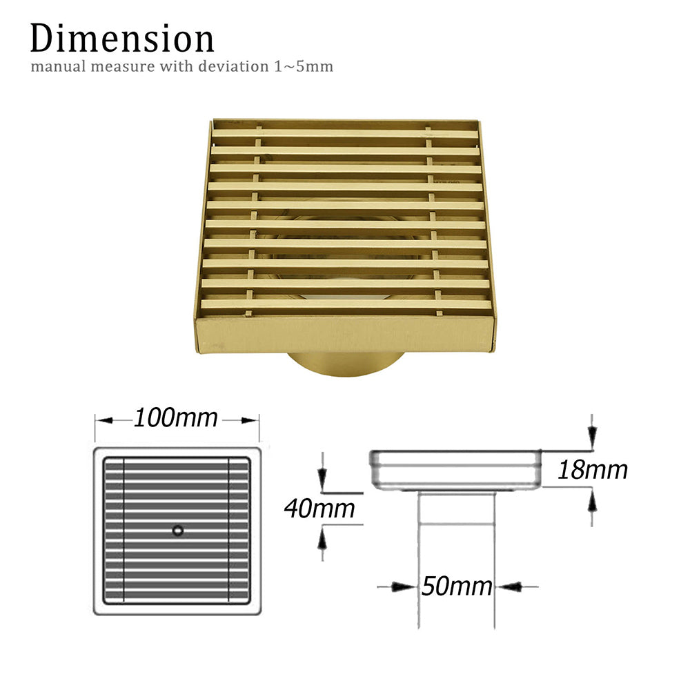 Brushed Gold Smart Square 100mm Strip Fence Floor Drain Shower Grate 50mm Waste V1233-SQWL0200D50BG
