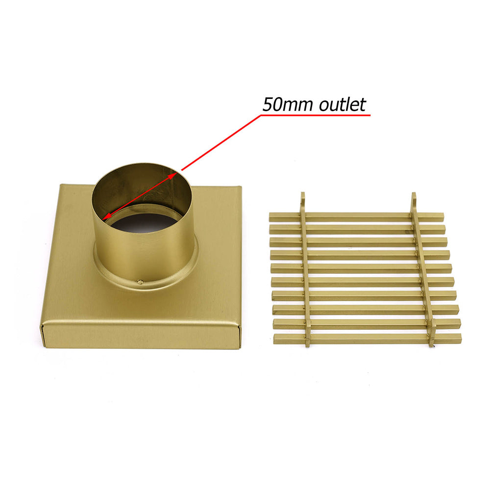 Brushed Gold Smart Square 100mm Strip Fence Floor Drain Shower Grate 50mm Waste V1233-SQWL0200D50BG