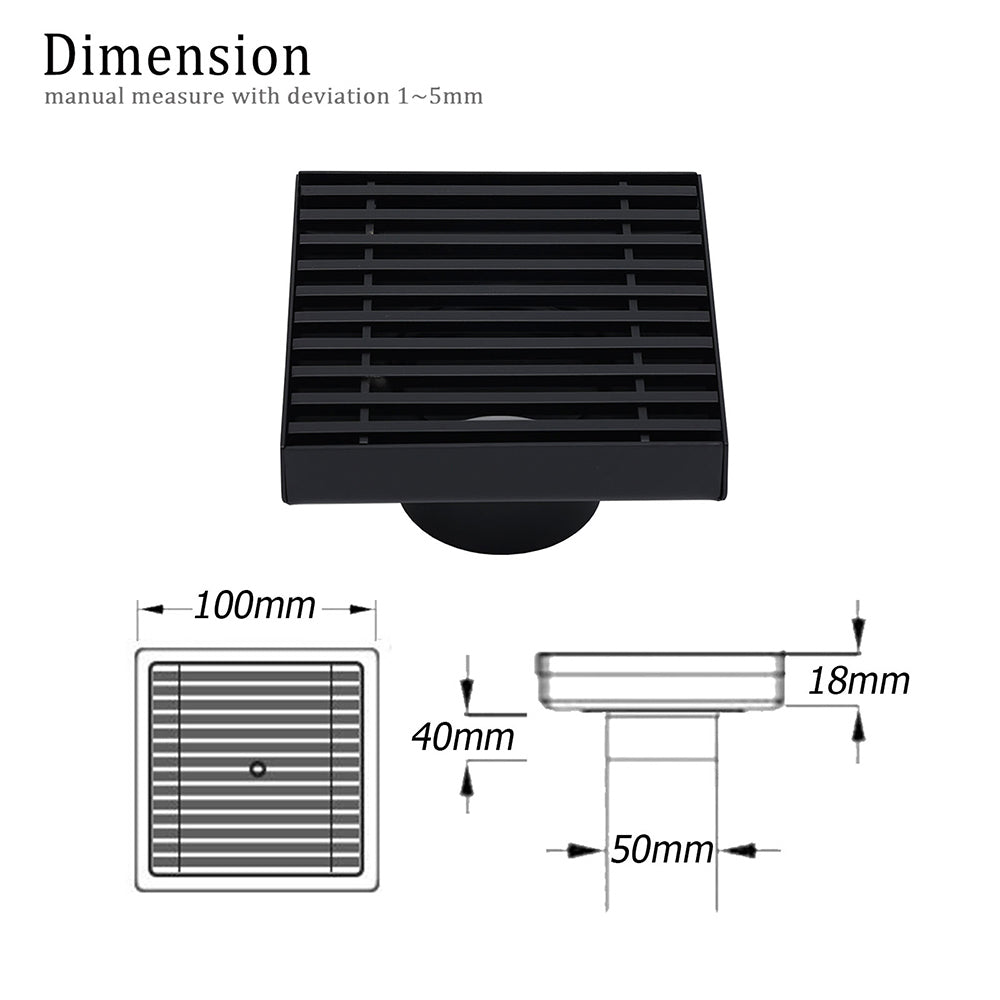Matt Black 100mm Square Strip Fence Shower Grate Bathroom Floor Drain 50mm Waste V1233-SQWL0200D50BL