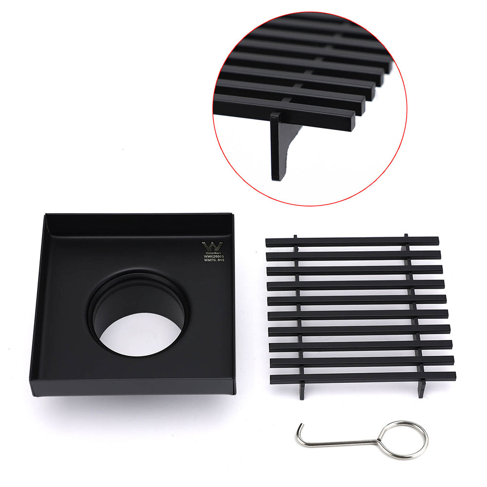Matt Black 100mm Square Strip Fence Shower Grate Bathroom Floor Drain 50mm Waste V1233-SQWL0200D50BL