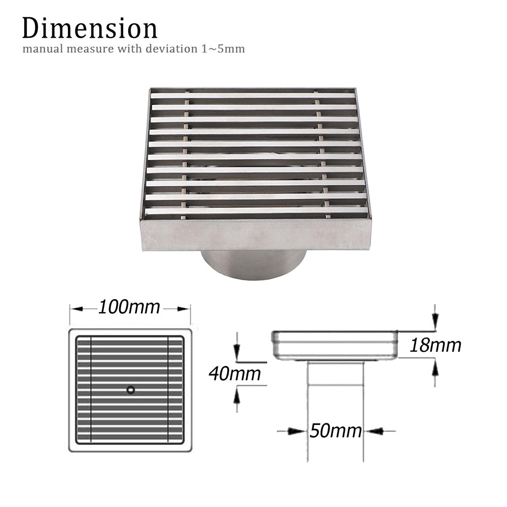 Bathroom SUS 100mm Square Strip Fence Sword Shower Grate Floor Drain 50mm Outlet V1233-SQWL0200D50BS