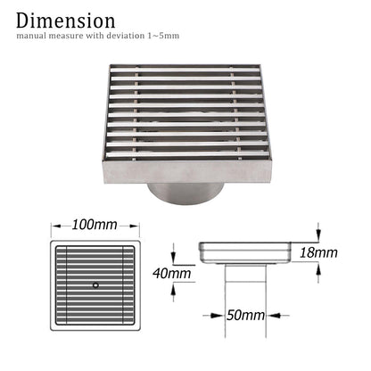 Bathroom SUS 100mm Square Strip Fence Sword Shower Grate Floor Drain 50mm Outlet V1233-SQWL0200D50BS