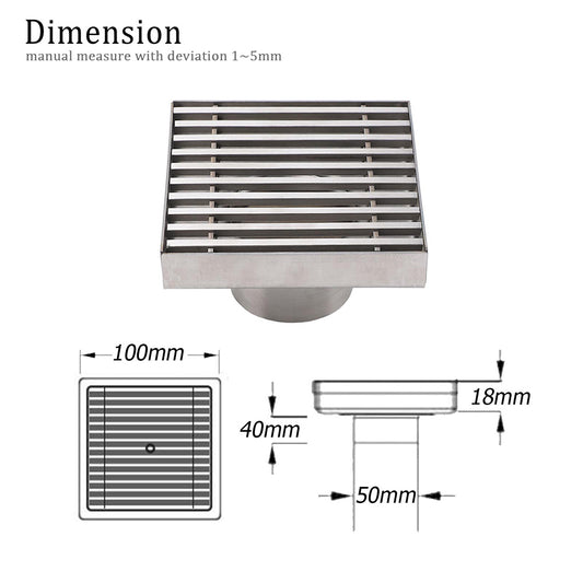 Bathroom SUS 100mm Square Strip Fence Sword Shower Grate Floor Drain 50mm Outlet V1233-SQWL0200D50BS