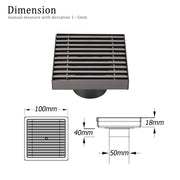 Gun Metal SUS 100mm Square Strip Fence Floor Drain Small Shower Grate 50mm Waste V1233-SQWL0200D50GM