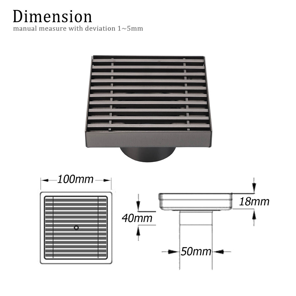 Gun Metal SUS 100mm Square Strip Fence Floor Drain Small Shower Grate 50mm Waste V1233-SQWL0200D50GM