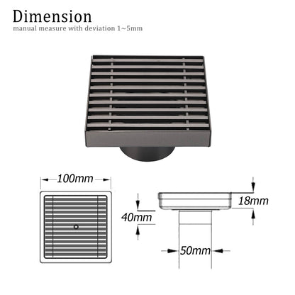 Gun Metal SUS 100mm Square Strip Fence Floor Drain Small Shower Grate 50mm Waste V1233-SQWL0200D50GM