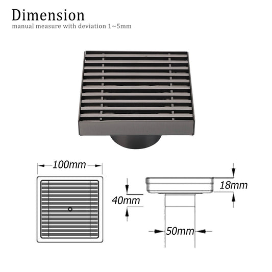 Gun Metal SUS 100mm Square Strip Fence Floor Drain Small Shower Grate 50mm Waste V1233-SQWL0200D50GM