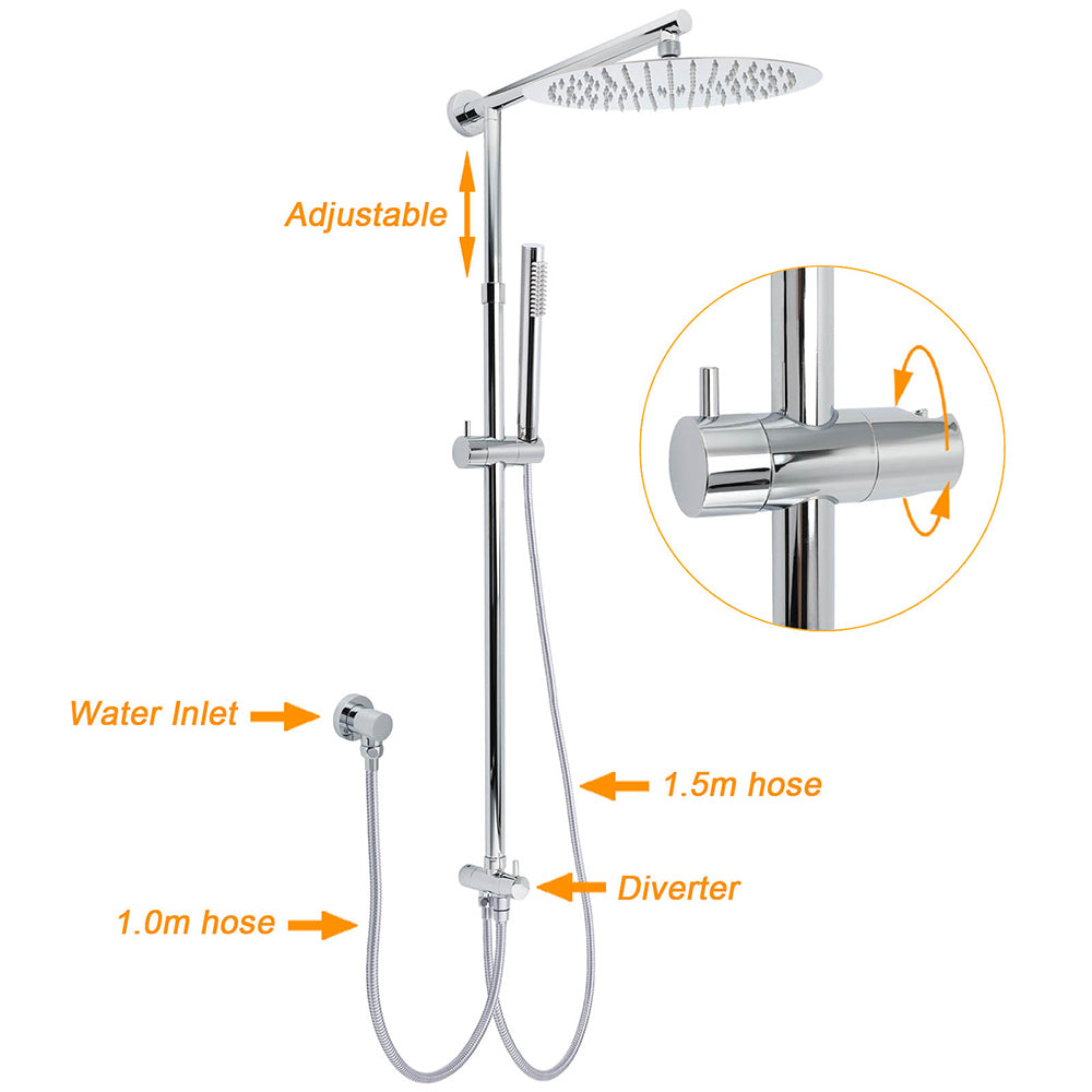 WELS Chrome Round Large 12" Rain Shower Head Single Mode Handheld Wall Arm Rail 2in1 Set V1233-SS019CRSC842KSR112