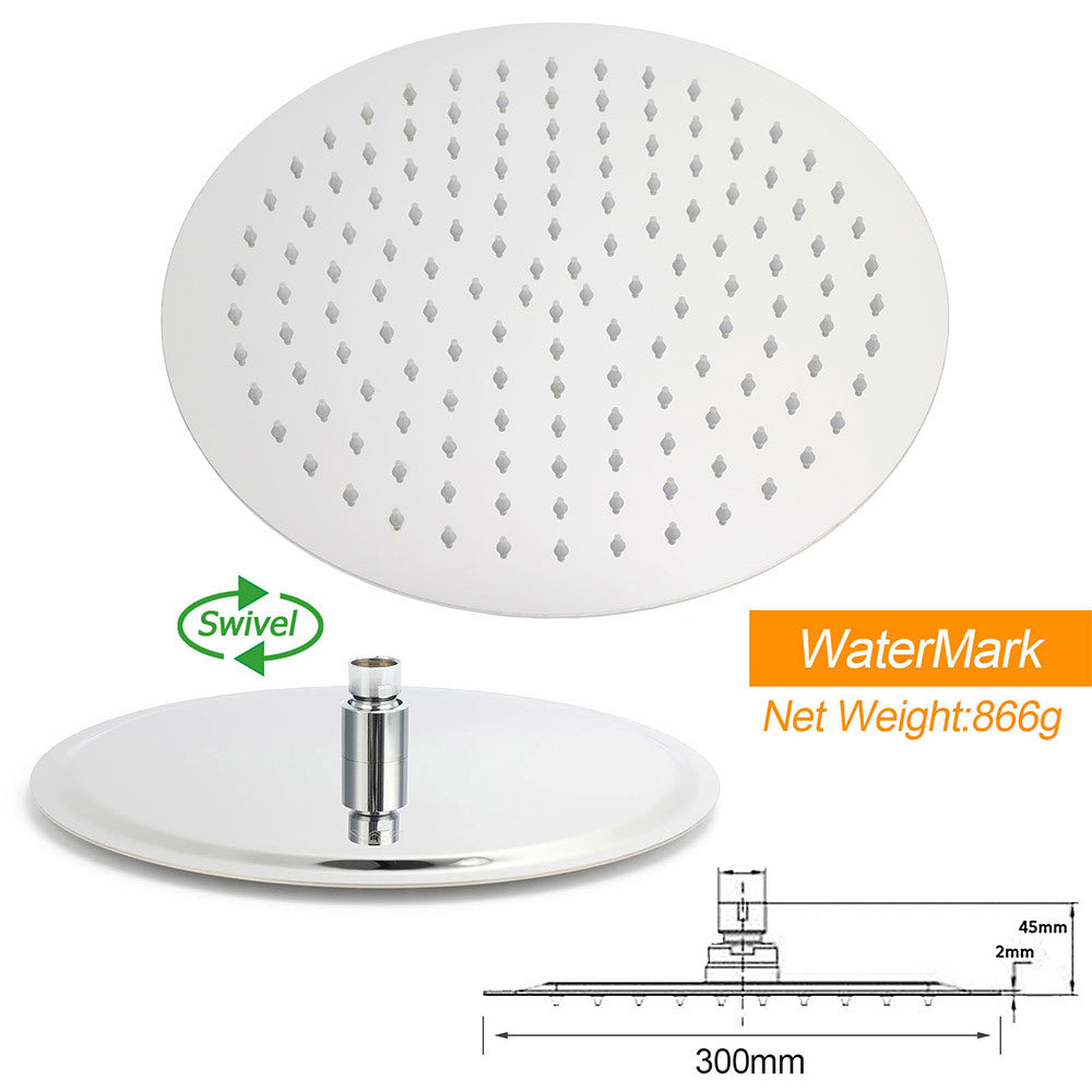 WELS Chrome Round Large 12" Rain Shower Head Single Mode Handheld Wall Arm Rail 2in1 Set V1233-SS019CRSC842KSR112