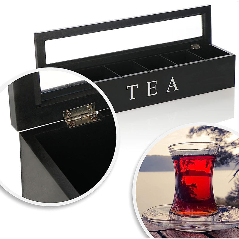 Tea box - Tea box 6 compartments - Wooden tea box - Suitable for loose tea - Black V1237-NKKS00003