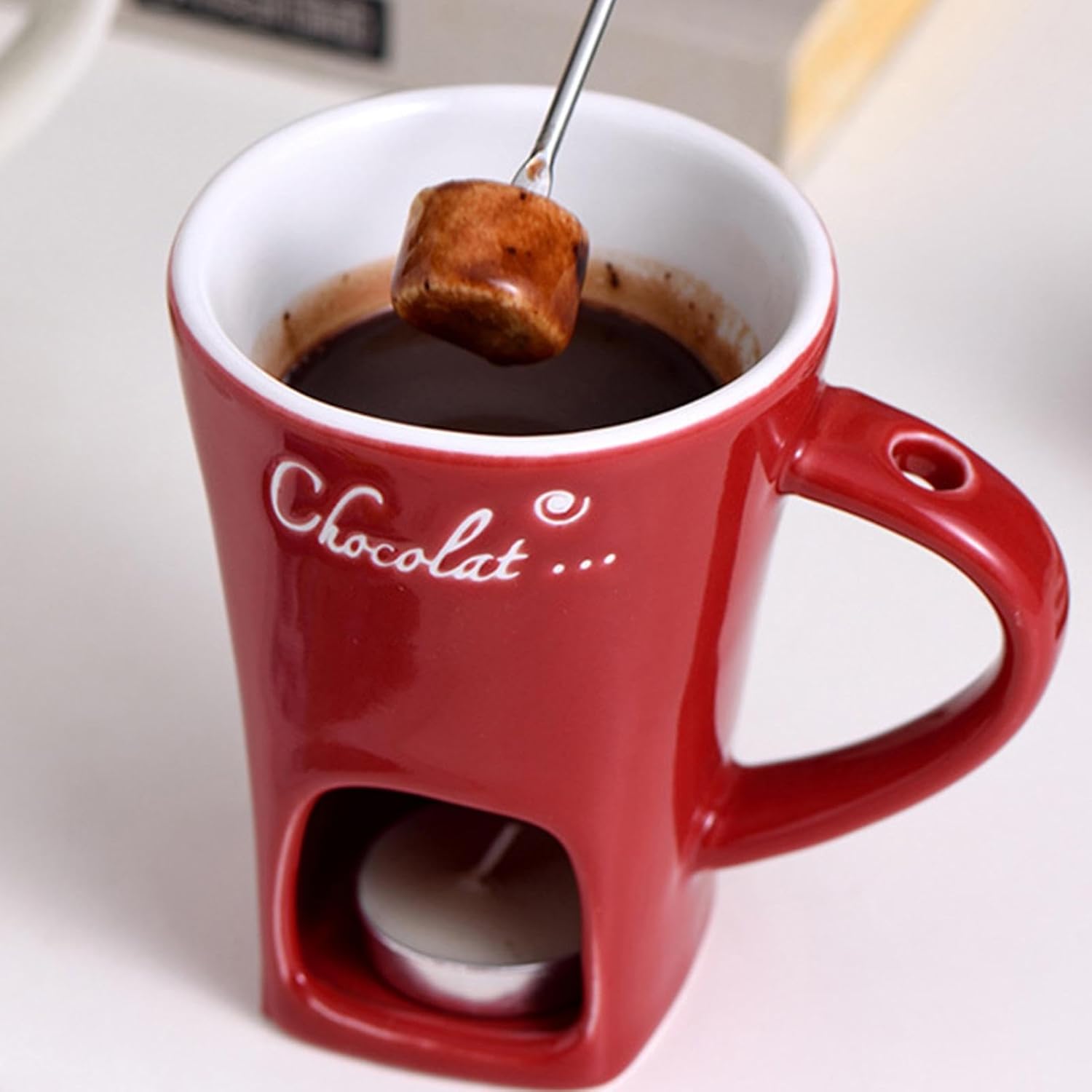 Tealight Fondue Set, Ceramic Melting Pot for Chocolate and Dessert Red V1237-ZY-203-0097