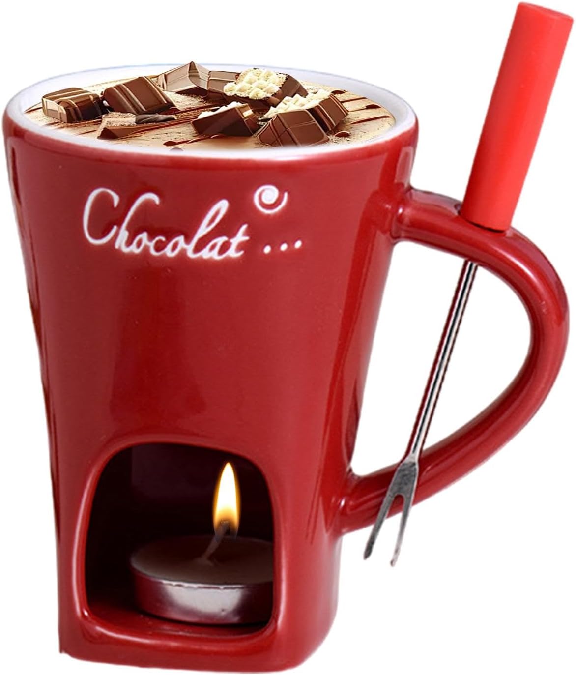 Tealight Fondue Set, Ceramic Melting Pot for Chocolate and Dessert Red V1237-ZY-203-0097