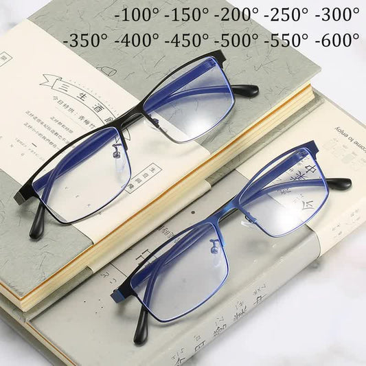 Anti-blue Light Myopia Glasses Ready-made Business Men Women Metal Square Glasses Diopter 0 -0.5 -1.0 -1.5 To V1237-ZY-203-0223
