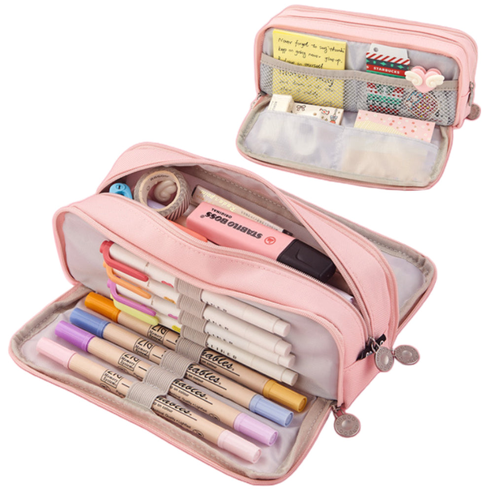 Large Capacity Pencil Case, 3 Compartments, Bag, School Pink V1237-ZY-203-0245