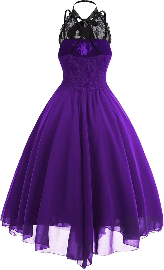 Sleeveless Gothic Lace Dress for Women 80s Party Dress Corset Halter Lace Swing Cocktail Purple XXL V1237-ZY-203-0260