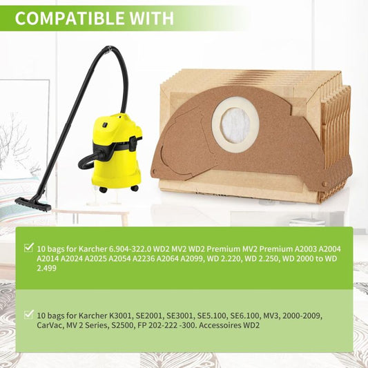 10 Replacement Filter Bags for Karcher WD2 MV2 6.904-322.0 WD2250 A2004 A2054 Vacuum Cleaner V1237-ZY-203-0665