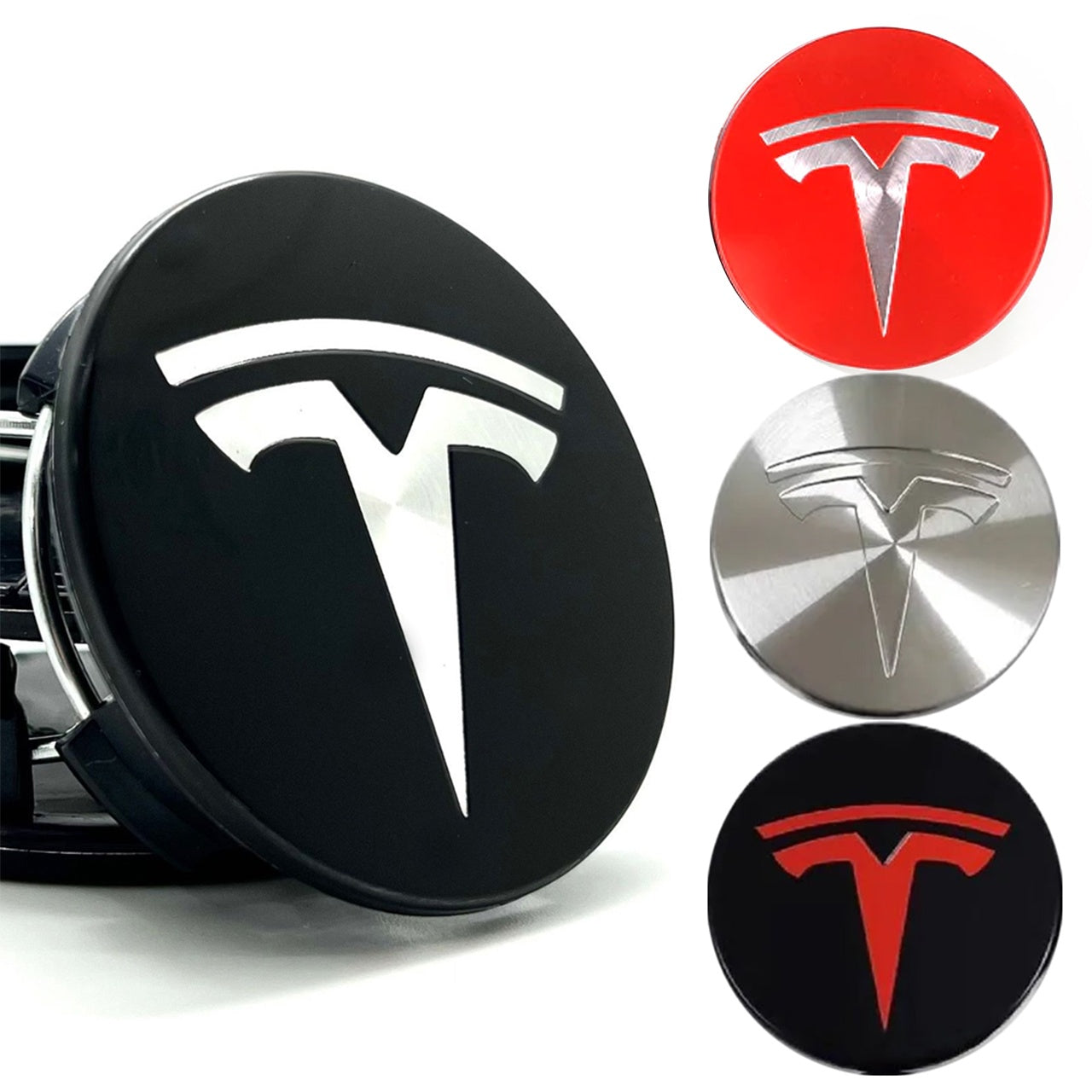 4-pack - Tesla Center Caps / Hubcaps - Car 77 Black/silver V1237-ZY-203-0778