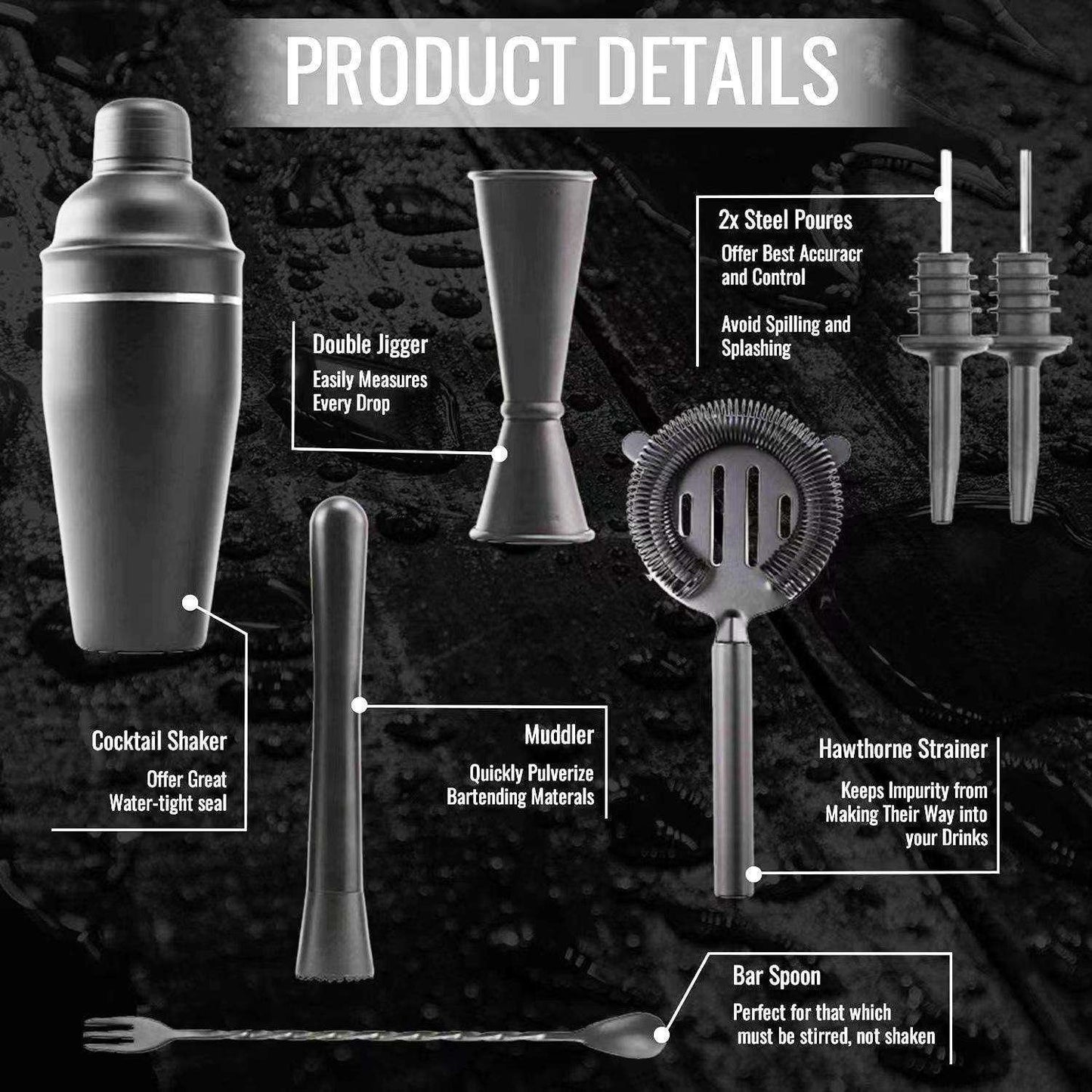 Cocktail Shaker Set - Matte Black - Stainless Steel Black Black V1237-ZY-203-0850