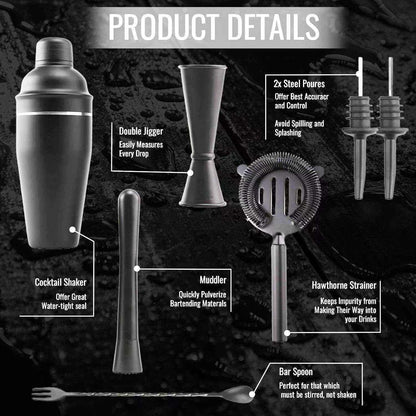 Cocktail Shaker Set - Matte Black - Stainless Steel Black Black V1237-ZY-203-0850