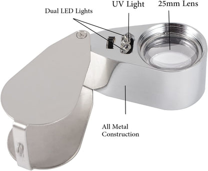 Jewelers Loupe 40X Magnification Metal Foldable Loupe with LED & UV Light V1237-ZY-203-0932