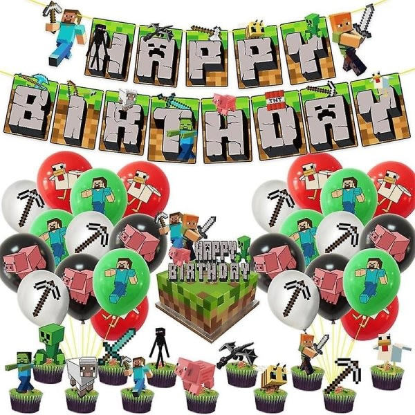 Minecraft Theme Happy Birthday Set Decoration Accessories Banner Pull Flag Cake Decorations Kit null none V1237-ZY-203-1063