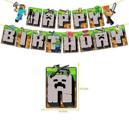 Minecraft Theme Happy Birthday Set Decoration Accessories Banner Pull Flag Cake Decorations Kit null none V1237-ZY-203-1063