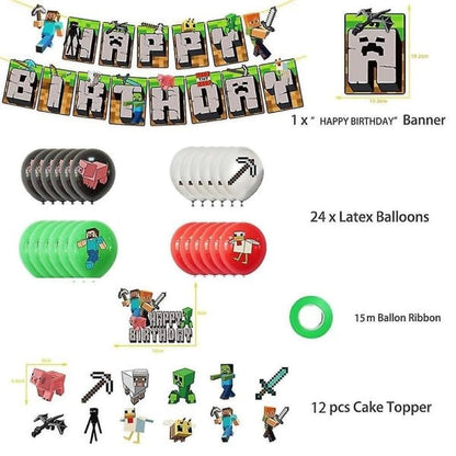 Minecraft Theme Happy Birthday Set Decoration Accessories Banner Pull Flag Cake Decorations Kit null none V1237-ZY-203-1063