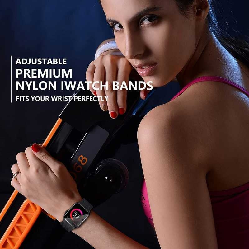 Compatible with Apple Watch 42/44/45/49 mm Adjustable and Elastic Nylon Strap Black Black V1237-ZY-203-1129