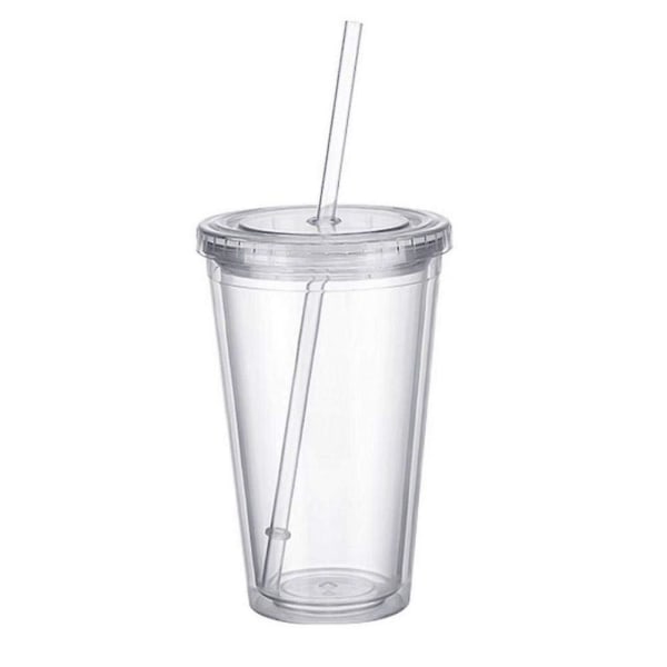 Double-walled plastic mug with lid and straw, insulated coffee mug, 500 ml, transparent - max V1237-ZY-203-1220