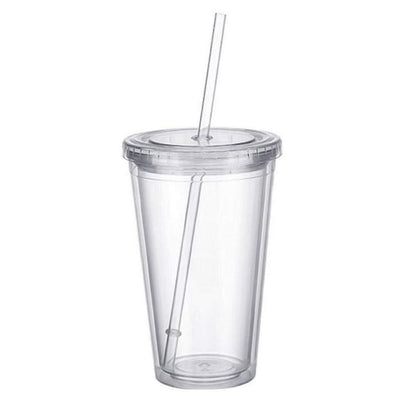 Double-walled plastic mug with lid and straw, insulated coffee mug, 500 ml, transparent - max V1237-ZY-203-1220