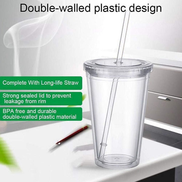 Double-walled plastic mug with lid and straw, insulated coffee mug, 500 ml, transparent - max V1237-ZY-203-1220