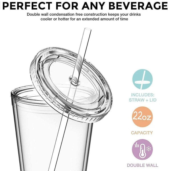 Double-walled plastic mug with lid and straw, insulated coffee mug, 500 ml, transparent - max V1237-ZY-203-1220