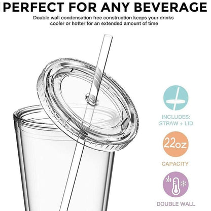 Double-walled plastic mug with lid and straw, insulated coffee mug, 500 ml, transparent - max V1237-ZY-203-1220