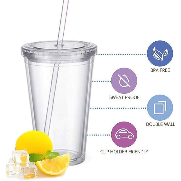 Double-walled plastic mug with lid and straw, insulated coffee mug, 500 ml, transparent - max V1237-ZY-203-1220