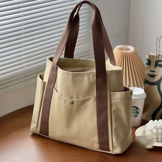 Large Capacity Canvas Tote Bag for Work Travel Carry Bag College Style Student Outfit Book Shoulder Bag Brown V1237-ZY-203-1337