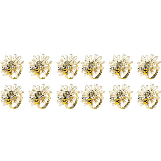 Set of 12 Daisies and Sunflowers Napkin Rings, Gold Napkin Ring Holders with Bees for Formal or Casual Dining V1237-ZY-203-1398