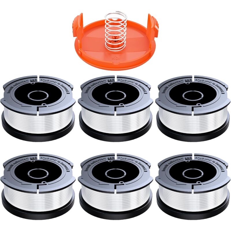Black & Decker Trimmer Replacement Spools - 6 Pieces of 1.65mm Line, 10m Each, Includes Extra Spring & Cap V1237-ZY-203-1443