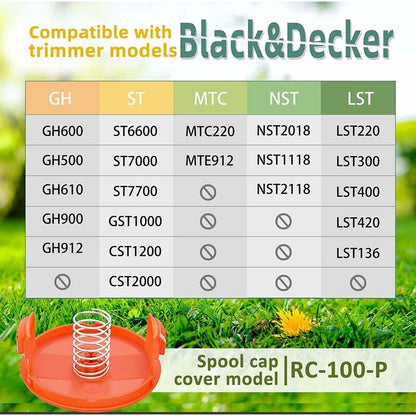 Black & Decker Trimmer Replacement Spools - 6 Pieces of 1.65mm Line, 10m Each, Includes Extra Spring & Cap V1237-ZY-203-1443