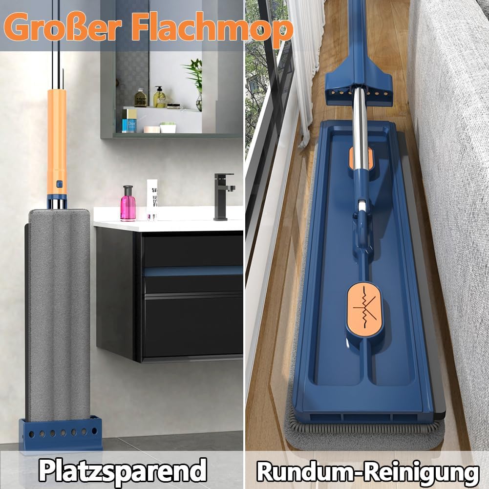 Large Flat Mop with 360 degrees Rotatable Wringing Function, Microfiber Pads for Hardwood Blue + 2 rags V1237-ZY-203-1790
