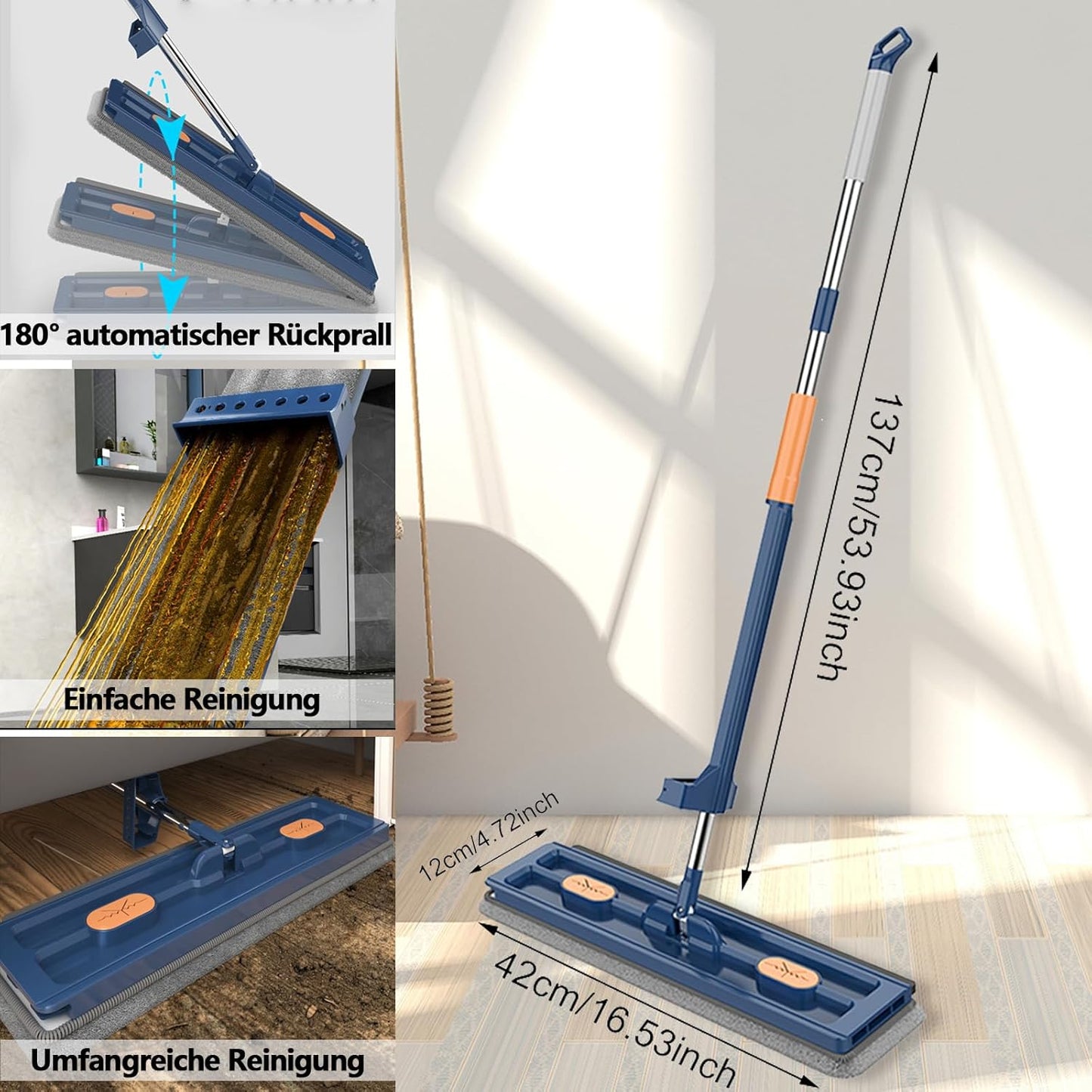 Large Flat Mop with 360 degrees Rotatable Wringing Function, Microfiber Pads for Hardwood Blue + 2 rags V1237-ZY-203-1790