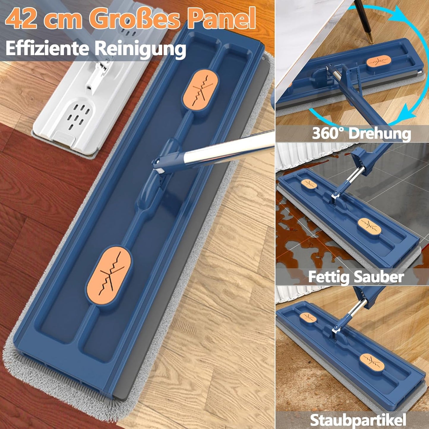 Large Flat Mop with 360 degrees Rotatable Wringing Function, Microfiber Pads for Hardwood Blue + 2 rags V1237-ZY-203-1790