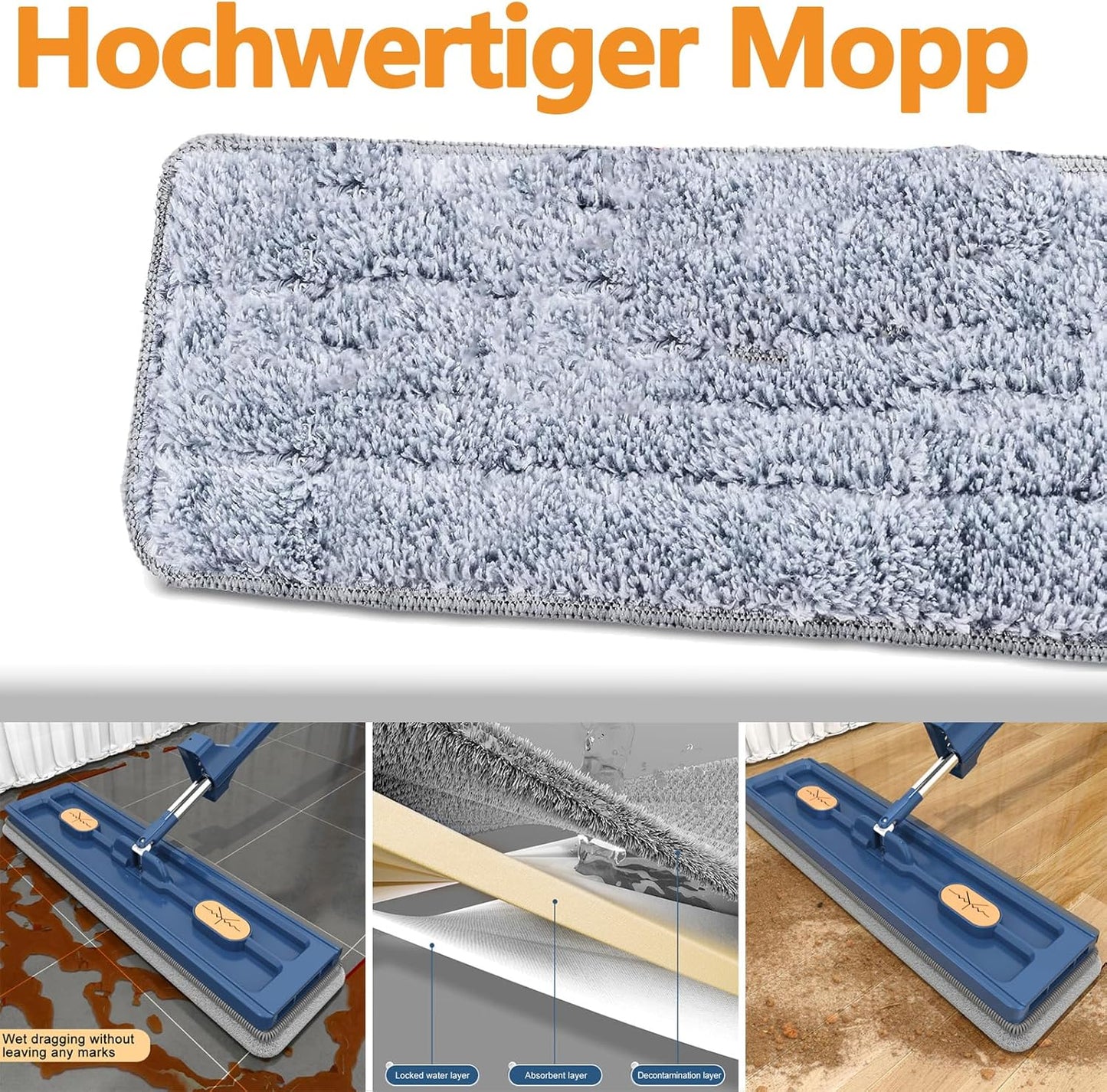Large Flat Mop with 360 degrees Rotatable Wringing Function, Microfiber Pads for Hardwood Blue + 2 rags V1237-ZY-203-1790