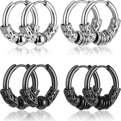 14mm Men's Titanium Steel Hoop Earrings Set - Black & Silver, Punk Rock Style V1237-ZY-203-1924
