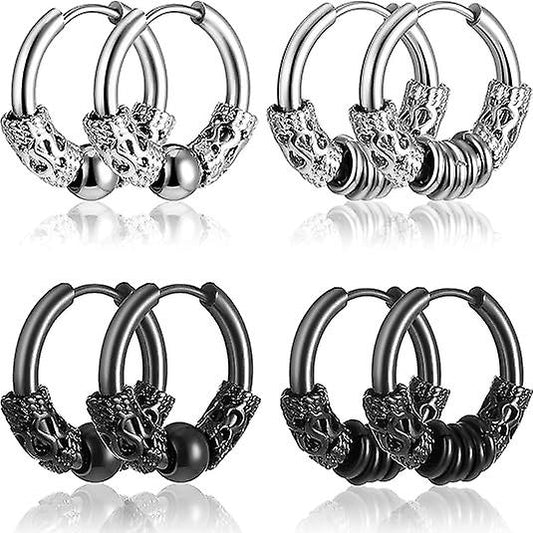 14mm Men's Titanium Steel Hoop Earrings Set - Black & Silver, Punk Rock Style V1237-ZY-203-1924