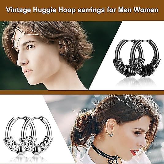 14mm Men's Titanium Steel Hoop Earrings Set - Black & Silver, Punk Rock Style V1237-ZY-203-1924