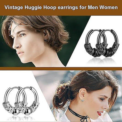 14mm Men's Titanium Steel Hoop Earrings Set - Black & Silver, Punk Rock Style V1237-ZY-203-1924